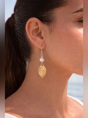 Golden Leaf Earrings • Lightweight Resin •  Granite Bead • Coastal Luxe Style